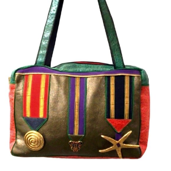 Shoulder Bag – Leather Colorful Designer Handbag  by Borbonese - Appliqué Accent - Picture 3 of 14